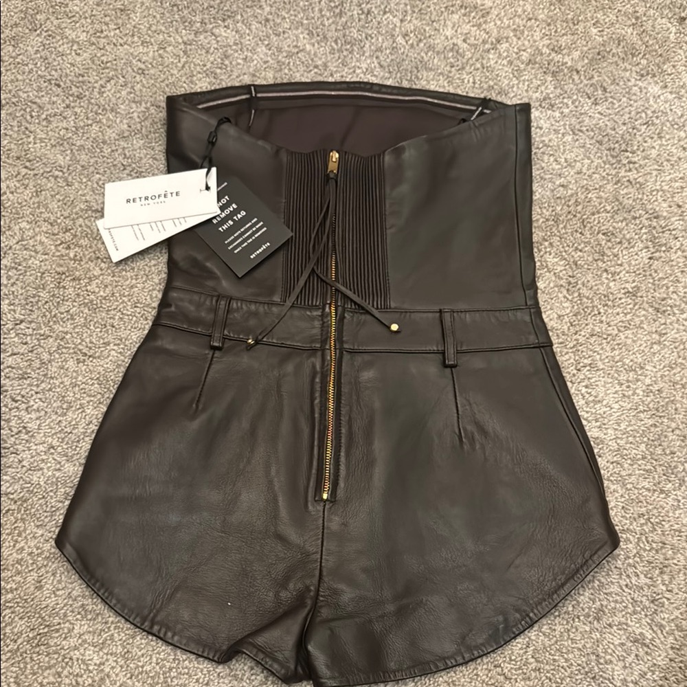Women’s Retrofete Black Leather Romper High-Waist Shorts 100% real lamb leather - Picture 2 of 7